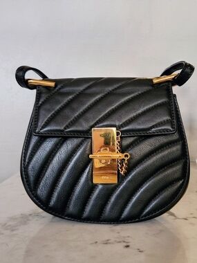 Chloé Drew Black Quilted Leather Crossbody with Gold Lock